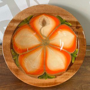 Made in Mexico Wooden Hanging Bowl w/ Orange Flower Gold Accents Nuevo Vallarta